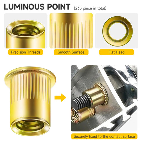Close-up of precision threads and flat head on yellow zinc carbon steel rivet nuts from Two Hundred Pcs 10 32 Rivet Nuts Kit