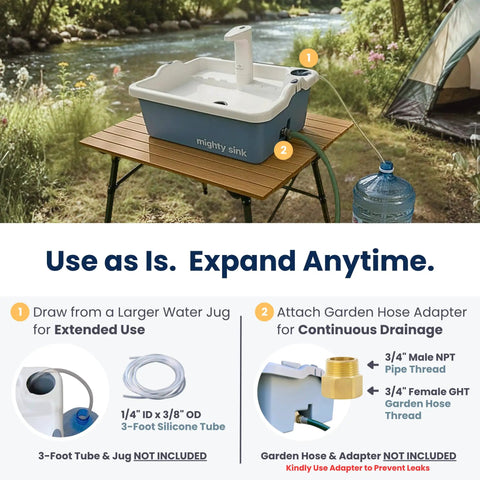 Real Deal Portable Sink With Genuine Running Water For Camping Van Life Outdoor Vendor Booths And Home Remodels Zero Hassle Setup Instant Sink Action Smooth On The Fly Hygiene Station on a wooden table near a river.