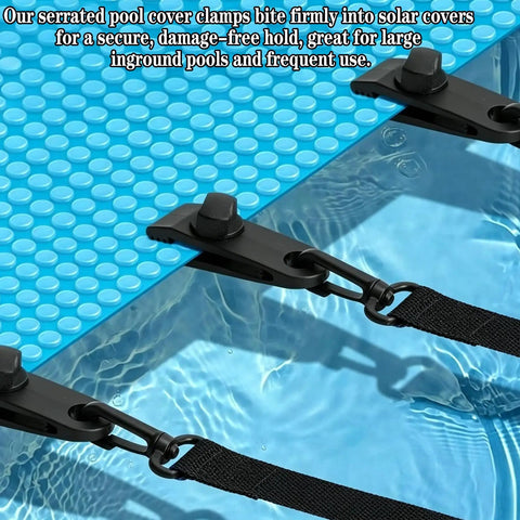 Heavy Duty Pool Solar Cover Noodle Keepers Kit For Inground Swimming Pools With Adjustable 65 Inch Straps Clips and Hook Loop Touch Fasteners To Secure Solar Blanket On Pool Reels Blue, showing serrated clamps attached.