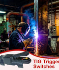 Welder using a Welding Touch Button For Stable Grip Spot Welder Trigger Switch With Precise Amperage Control in an industrial setting.