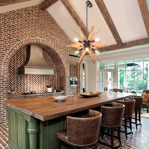 Six Light Sputnik Pendant Light In Black With Wood Accents Dope Rustic Modern Chandelier in a brick-walled kitchen