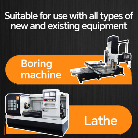 Boring machine and lathe displayed on an equipment compatibility chart with orange highlights and a black background.