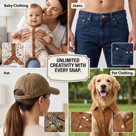 Solid 100 Set Snap Button Kit With Heavy Duty Pliers For No Sweat Clothing Repairs And DIY Crafts Rust Resistant Metal Fasteners 9.5 Mm Size, showing baby clothes, jeans, hats, and pet clothing.