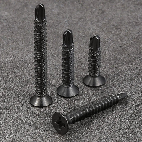 300 Pack Size 8 By One Inch Sheet Metal Self Tapping Screws Black Stainless Steel Flat Head Heavy Duty Self Drilling Fasteners Built Tough And Hella Strong Quick Job Site Kit on gray surface.