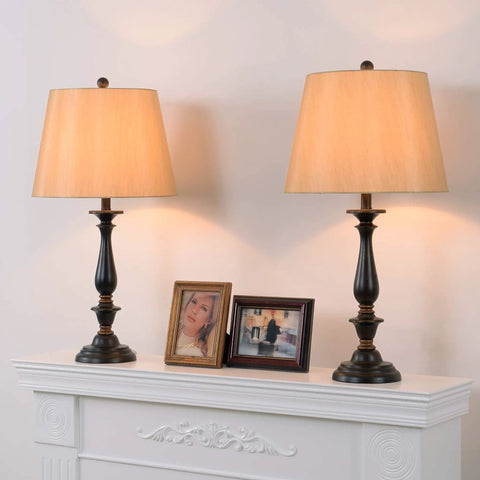 Gavin Lamp Set Duo In Golden Flecked Bronze With Gold Highlights, Traditional Candlestick Style Table Lamps, 28.5 Inch Tall