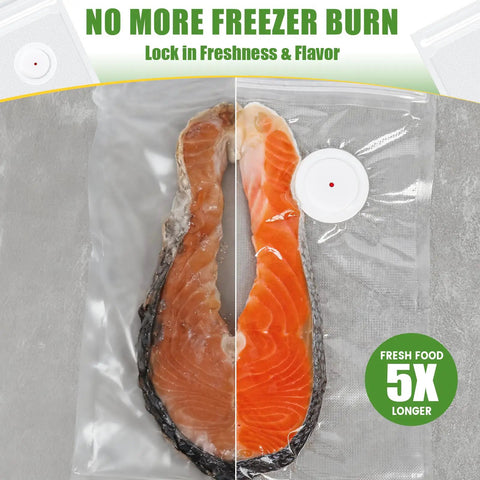 Vacuum-sealed salmon in 60 Pack Reusable Vacuum Sealer Bags BPA Free For Freezer Storage, Microwave Safe When Unsealed, Sous Vide Ready
