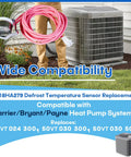 Defrost temperature sensor HH18HA279 replacement for Carrier/Bryant/Payne heat pumps; pink coil extension cord visible