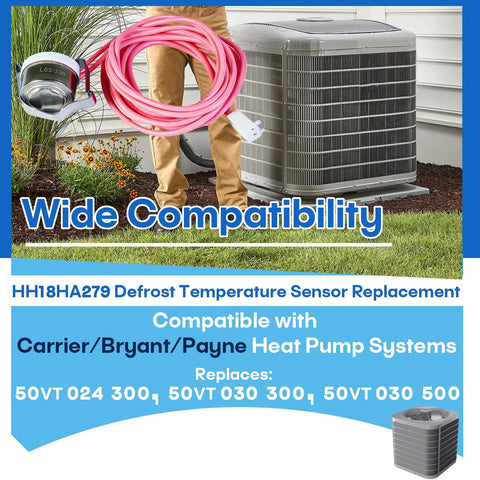Defrost temperature sensor HH18HA279 replacement for Carrier/Bryant/Payne heat pumps; pink coil extension cord visible
