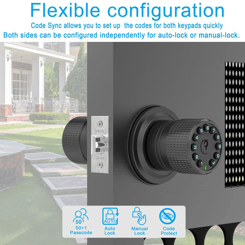 Two Sided Keypad Door Knob With Dual Cylinders And Key Alike No Hassle Keyless Entry Smart Lock close-up on outdoor gate