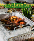 Heavy Duty 9x13 Aluminum Pans With Lids, 25 Pack Disposable Foil Bakeware in use on steam table with roasted dishes