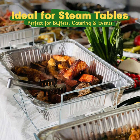 Heavy Duty 9x13 Aluminum Pans With Lids, 25 Pack Disposable Foil Bakeware in use on steam table with roasted dishes