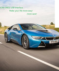 Blue BMW driving on road with inset of INPA K DCAN USB OBD2 Interface Switch For BMW Car Diagnostics And Coding Tools