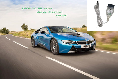 Blue BMW driving on road with inset of INPA K DCAN USB OBD2 Interface Switch For BMW Car Diagnostics And Coding Tools