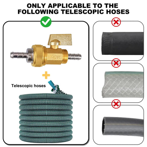 Expandable Hose Repair Kit With 0.353-Inch Hose Barb GHT Adapters shown with brass valve and compatible hose types.