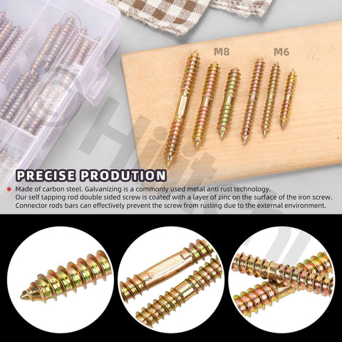 80Pcs 6 Sizes Double Ended Dowel Screws Set For Wood To Wood Joinery, Color Zinc Plated Double Sided Connectors, M8 and M6 sizes