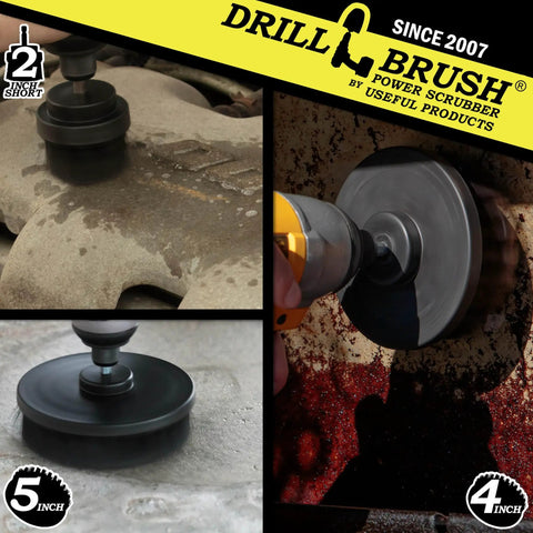 Ultra Stiff Drill Powered Cleaning Brush Set For Serious BBQ Grill Degreasing And Heavy Duty Paint Stripping, two and five inch brushes in use.