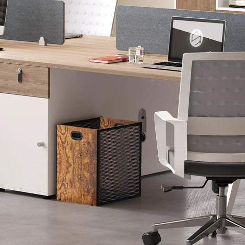 Dope Retro Industrial Office Trash Can With Iron And Wood Construction, Rectangular Wastebasket With Handle, 4.5 Gallon under desk