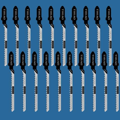 T Shank Jigsaw Blades Set 20 Pieces T101AO with high carbon steel visible, designed for woodworking curved cuts, 3 inch 20 TPI blades.