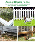 Collage of a No Dig Garden Fence 27 Ft Long With 20 Panels 13 Inch High Rustproof Metal Stakes Outdoor Border Fence For Dogs Rabbits.