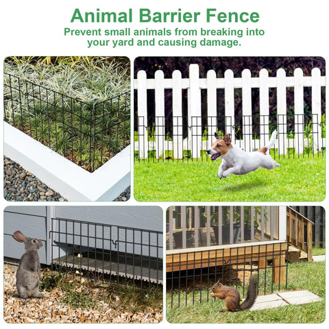 Collage of a No Dig Garden Fence 27 Ft Long With 20 Panels 13 Inch High Rustproof Metal Stakes Outdoor Border Fence For Dogs Rabbits.