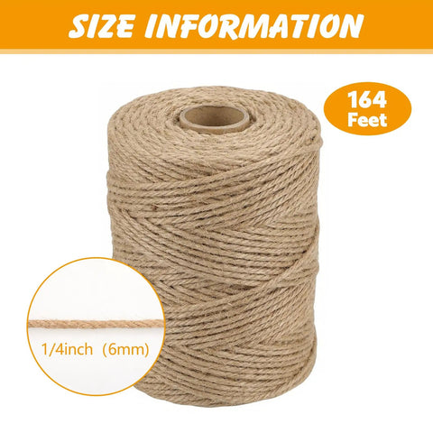 Heavy Duty Natural Sisal Rope For Cat Scratcher And Scratching Posts One Quarter Inch By One Hundred Sixty Four Feet No Dyes Safe Natural Fiber Ideal For DIY Cat Trees Scratching Furniture Crafts Gardening And Home Decor. Image shows 164 ft spool of natural sisal rope highlighting size information.