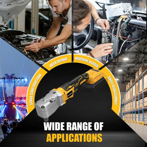 Heavy Duty Right Angle Impact Wrench Compatible With Dewalt 20V Max Cordless shown in auto and machine repair settings.