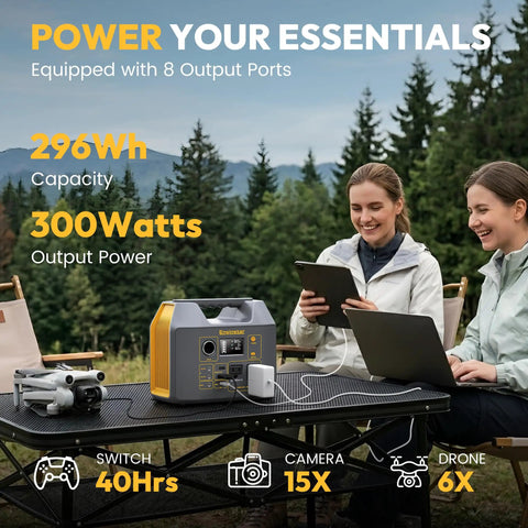 Two people using Portable Power Station With 300W Solar Generator And Two 110V Pure Sine Wave Outlets 296Wh Pack outdoors