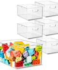 Six Pack Clear Plastic Organizer Bins With Handles For Home Organization Kitchen Pantry Fridge Freezer Cabinets And Garage Storage 10x8x5 Inches filled with colorful plastic blocks