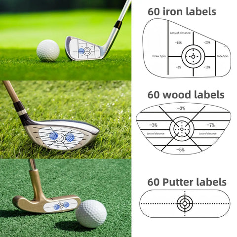 Golf Impact Tape Stickers Set For Swing Training 180 Pieces Delivers Instant Feedback To Sharpen Your Swing Boost Accuracy Distance And Sweet Spot Consistency On Your Club showing iron, wood, and putter labels on a club face with a golf ball close by.