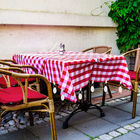 24 Piece Teardrop Tablecloth Weights With Marble Pendant Stones And Metal Clips For Outdoors on red checkered tablecloth
