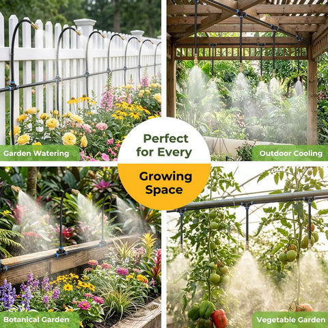 Four uses of Fifty Foot Drip Irrigation Kit With 360 Degree Adjustable Brass Misting Nozzles in gardens and greenhouses