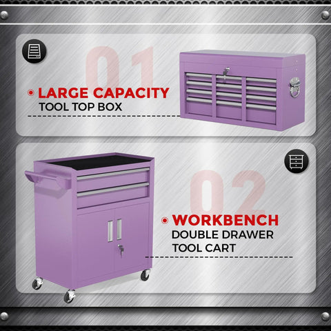 Beefy 8-Drawer Rolling Tool Chest With Detachable Top Box And Locking Wheels, 2-In-1 Steel Cabinet in purple, garage use