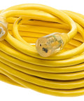 Beefed Up Outdoor Extension Cord 50 Feet In 10 Gauge SJTW With Lighted End And Molded Plug Weather Resistant Power Cable, coiled view