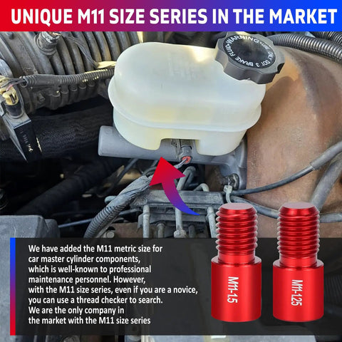 Car engine showing M11 size cylinder components with M11.5 and M11.25 thread gauge examples.