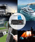 Badass 2000 Watt Power Inverter 12V DC To 110V AC with dual outlets, USB ports, and LED display in truck, boat, and camping settings.