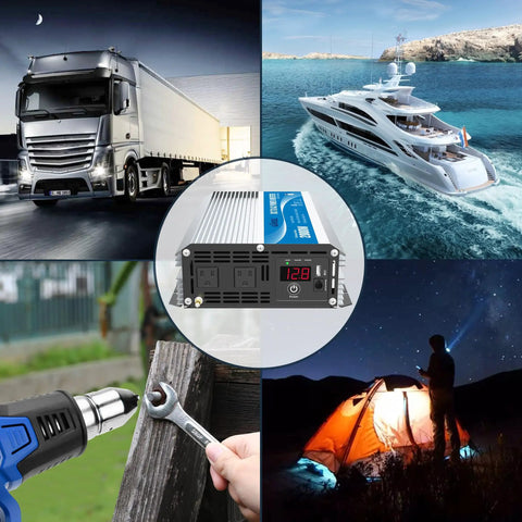 Badass 2000 Watt Power Inverter 12V DC To 110V AC with dual outlets, USB ports, and LED display in truck, boat, and camping settings.