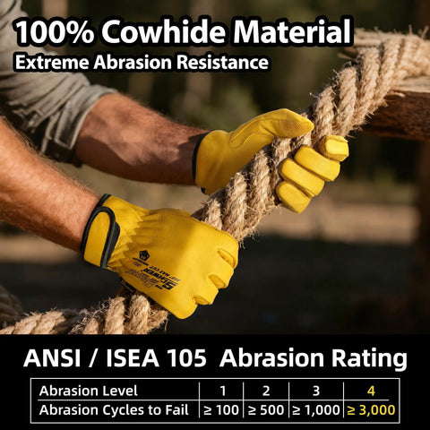 ANSI A9 Cut Resistant Leather Work Gloves With Reinforced Fingertips And Palm PM3401 Cowhide Safety Gloves For Construction Welding Metalworking Woodworking And Outdoor Gardening Size L Built Tough For Real World Jobs shown gripping a rope outdoors