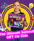 Child holding a Science Kit For Kids Aged 5 To 12, Hands On STEM Toys And Chemistry Set With Cool Volcano Projects, colorful packaging.