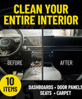 Before and after using All In One Interior Car Cleaning Kit With Storage Bag, showing a cleaned car dashboard and console.