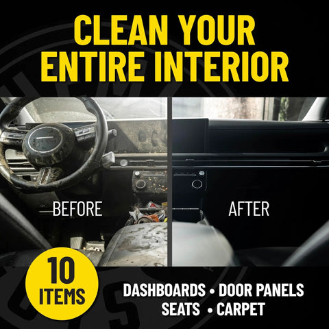 Before and after using All In One Interior Car Cleaning Kit With Storage Bag, showing a cleaned car dashboard and console.