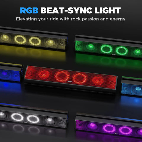 Multiples of 25 Inch UTV Sound Bar With Bluetooth And RGB Lighting IP66 Waterproof Amplified Powersports Speaker System displayed