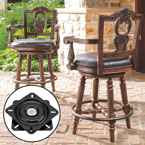 Built Tough Six Pack Black Square Bar Stool Swivel Plate Six Point Two Five Inches Heavy Duty Ball Bearing Furniture Replacement Three Six Zero Rotation Mount Kit For Porches Or Patios, detailed swivel base view.