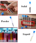 Two Pack Plastic Test Tube Rack With Caps Includes Twelve Clear Tubes And Two Red Holder Racks With Six Holes Each For Nurse Party Decor And Science Experiments Classroom Displays DIY Projects Ready To Roll showing test tubes with solid, powder, and liquid.