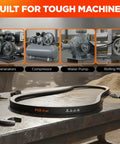 Heavy Duty Wrapped V Belt 103 Inch OC A4L Half Inch Wide Workhorse Rubber Drive Belt on workbench with tools