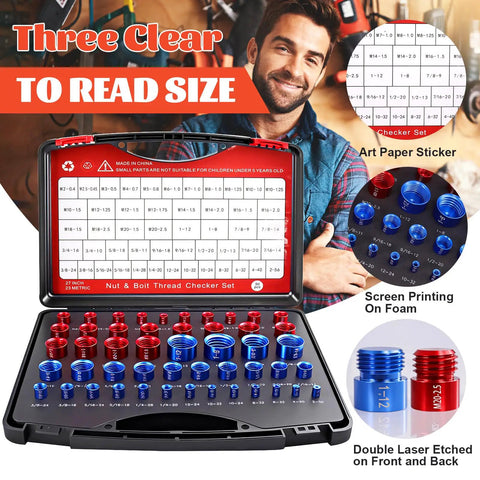 Killer Nut Bolt Thread Checker Kit 50 Pcs Standard And Metric Inch Size Gauges Detachable Screw Identifier with open display case.