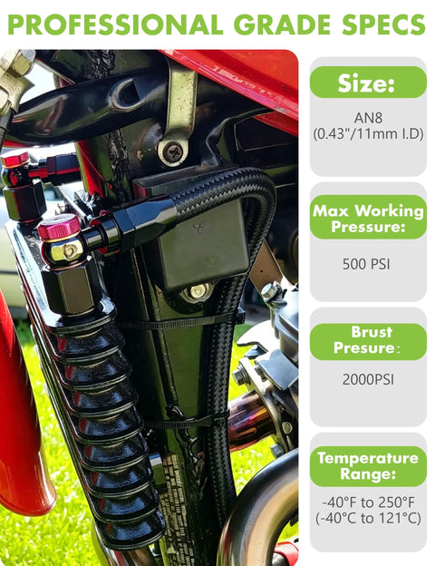 Must-Have 8AN CPE Fuel Line Kit With 20FT Nylon Braided Hose And 0 Degree Plus 90 Degree Swivel Fittings For High Performance Street Cars And Race Rigs installed on race vehicle