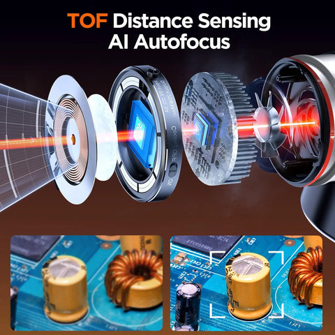 Autofocus 4K HDMI Digital Microscope With 10.1 Inch EM4K AF Flex Arm Display AI Auto Focus Real Time Refocus showing TOF sensor and PCB close-up