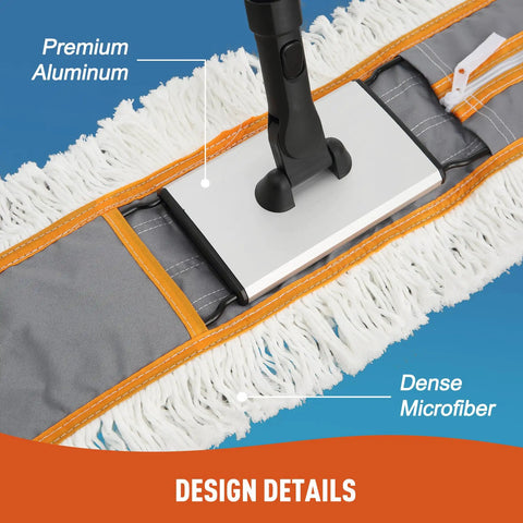 Heavy Duty 24 Inch Commercial Dust Mop Featuring Plush Absorbent Microfiber Pad close-up of aluminum frame and microfiber pad details.