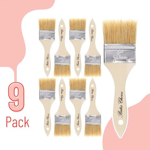 9 Pack 2 Inch Chip Paint Brushes With Thick Natural Bristles For Wood Walls And Trim No Mess Finish Great For Latex And Oil Based Paints And Stains Superior Coverage Fewer Streaks Premium Finish For Any Project in a display of nine brushes with wooden handles and thick bristles.