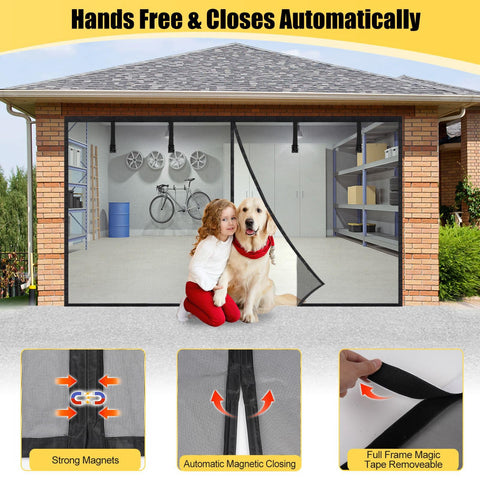 Durable 14 Ft By 7 Ft Garage Screen With Easy Pass Through Zippered Access Storage Kit Included No Hassle Setup displayed on garage